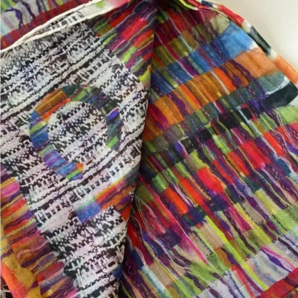 Auth Chanel Multicolor Cashmere Modal Silk Blend Striped Wrap Shawl Stole Scarf